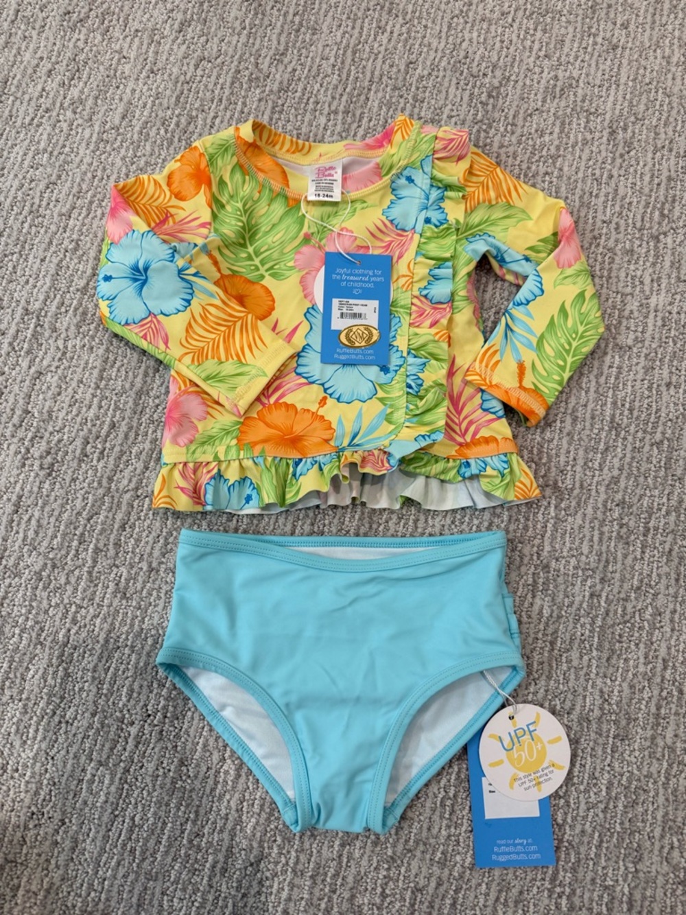 RUFFLE BUTTS Kids Floral Rash Guard Set with UPF 50+ - Yellow & Blue